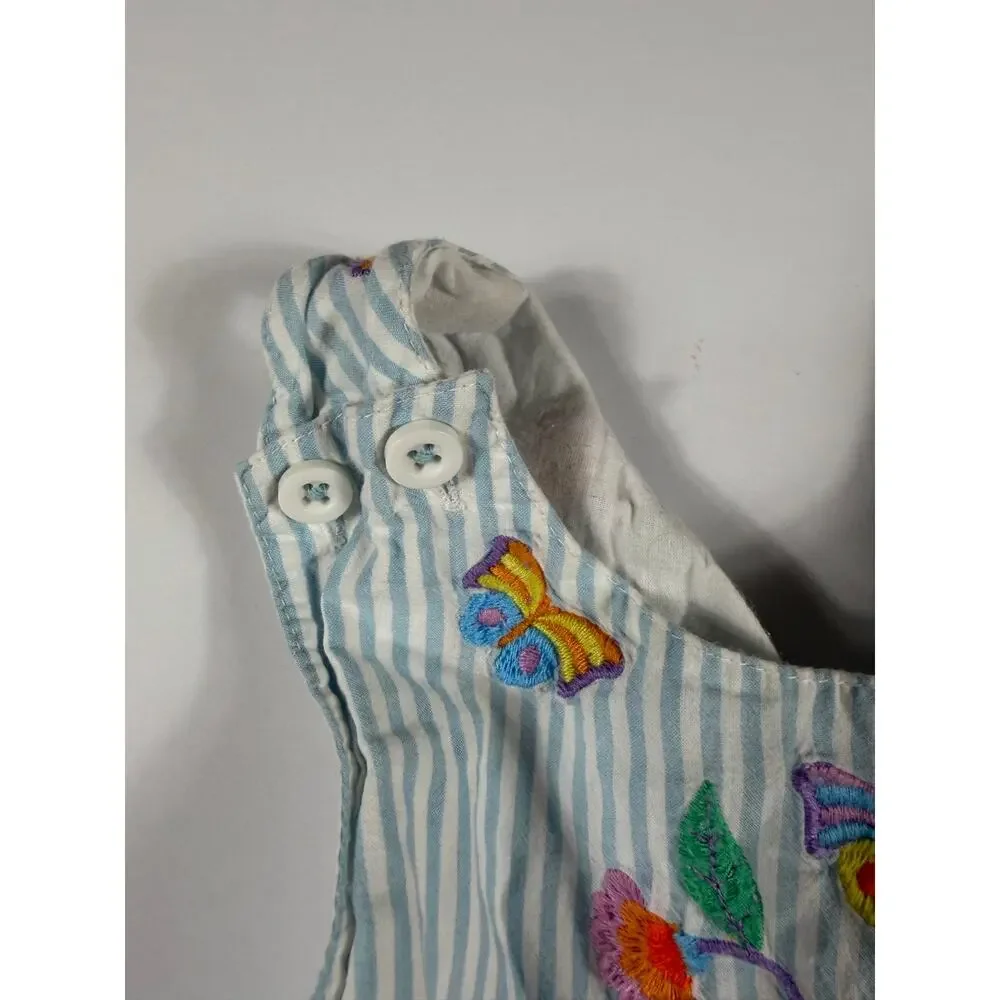 Mini Boden Embroidered Cross-Back Dress Blue Stripe Butterfly Floral 6-7 Years